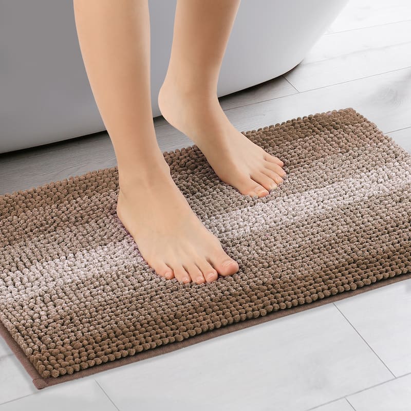 Contrasting Color Striped Bathroom Rugs, Non-Slip Plush Shaggy Bath Carpet, Bath Mats - Coffee - 20" x 32"