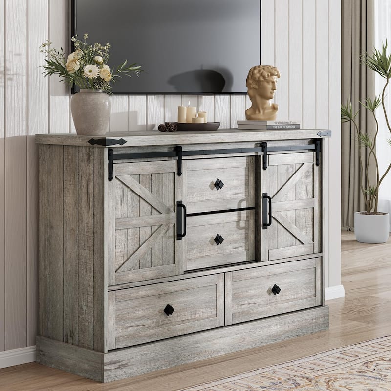 Television Stands with Large 4 Drawers, Farmhouse Wood - Grey