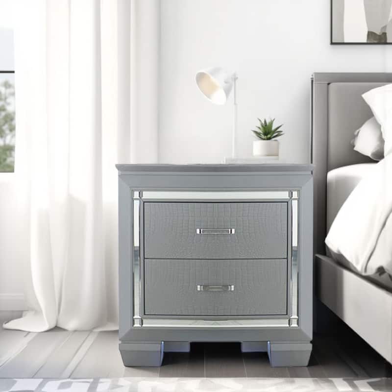 Mirror Accented Wooden Night Stand With 2 Drawer, Gray