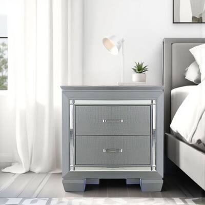 Mirror Accented Wooden Night Stand With 2 Drawer, Gray