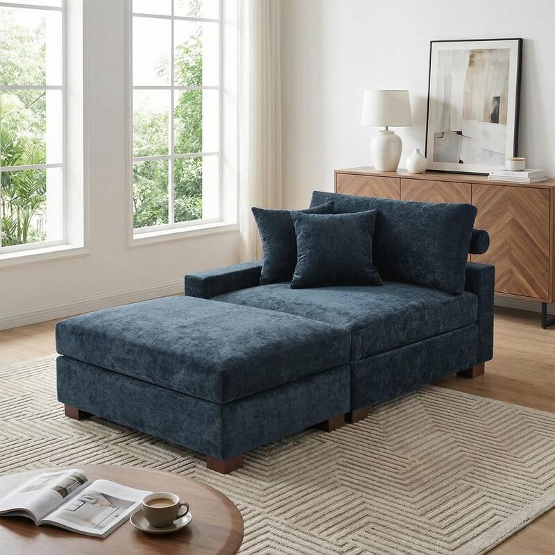 Modern Chenille Chaise Lounge Set with Ottoman