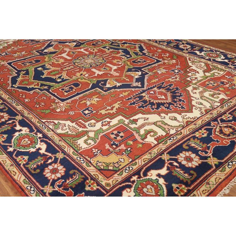 Hand Knotted Oriental 100% Wool Carpet Traditional Medallion Oranges & Rust Heriz (serapi) Area Rug - 11' 10'' X 8' 11''