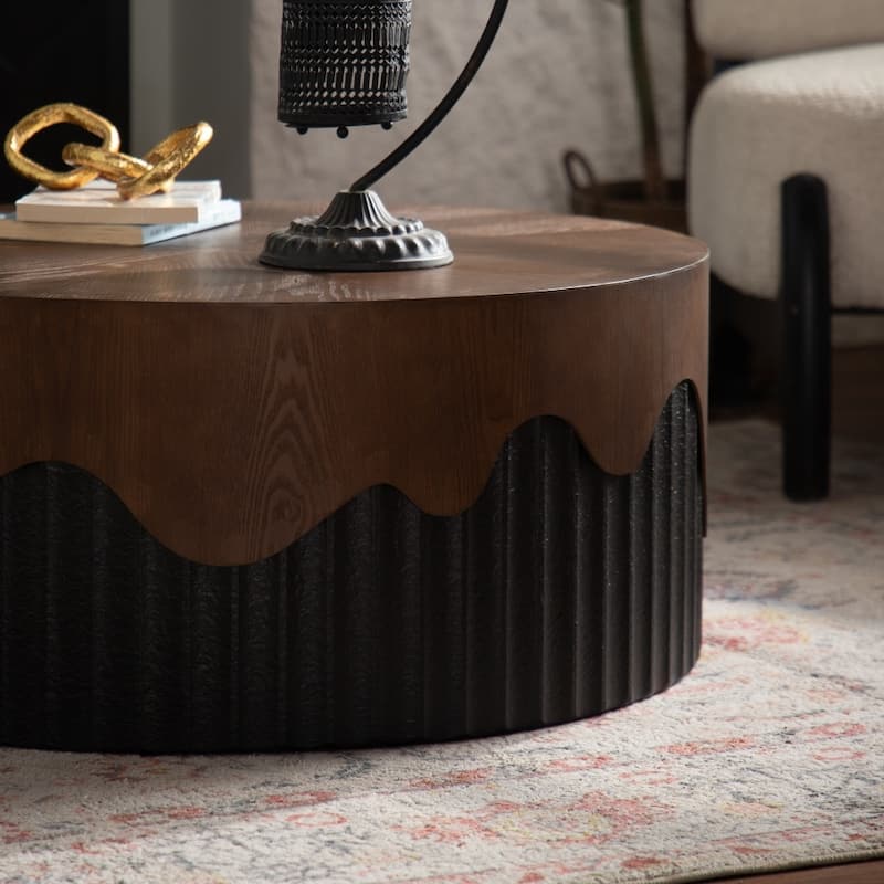 Handcrafted Relief Sturdy Circular Coffee Table Wooden Tea Table for Living Room