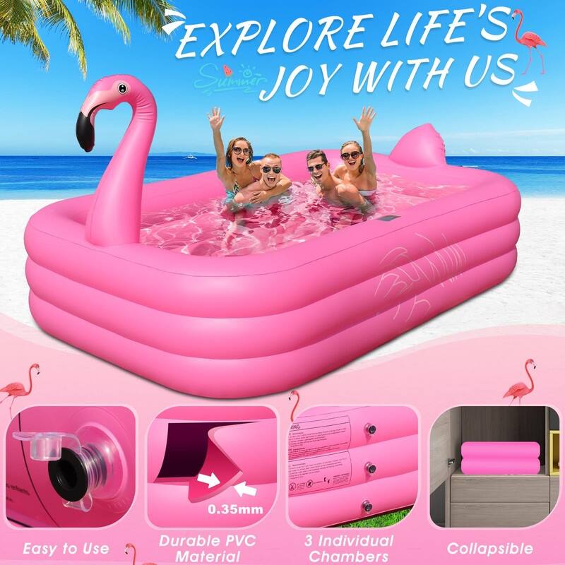 Inflatable Pool with Lights, Solar Flamingo Swimming Pool for Kids - Pink