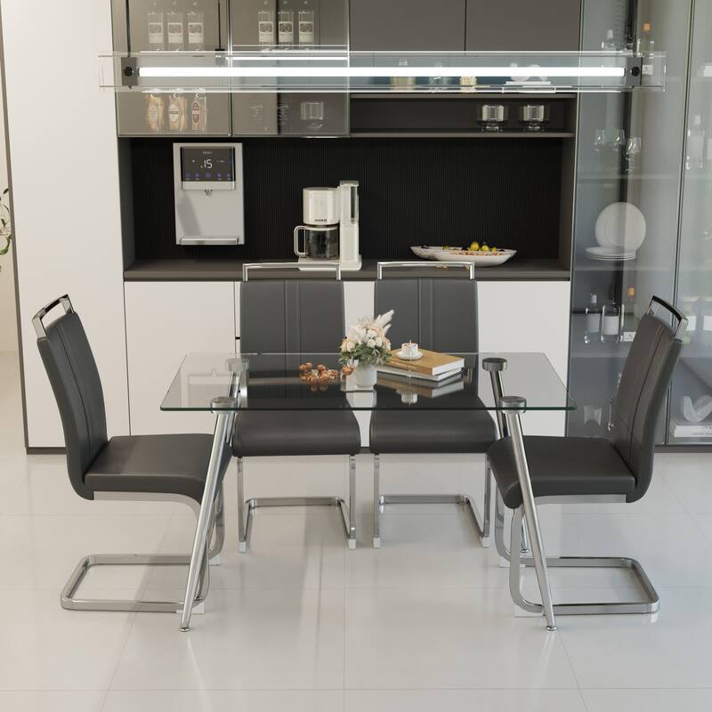 Glass Dining Table, Modern Rectangular Table with Tempered Glass Tabletop & Sliver metal Legs, Simplistic Kitchen Table