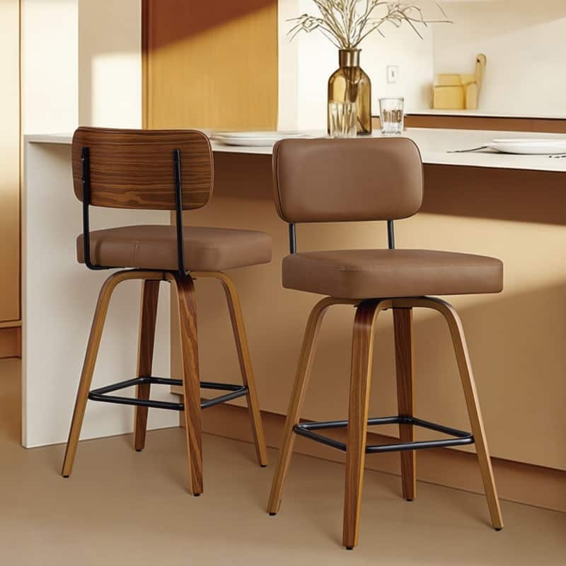 Spruce & Spring 26" Swivel Bar Stool with Bentwood Back or PE Rattan Back - Set of 3 - Brown-Padded Back