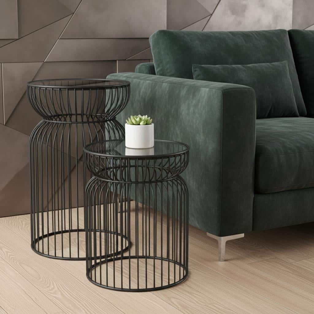 HomeRoots Set of Two Clear and Black Tempered Glass and Metal Wire Round Drum End Tables - 18.90 in. x 20.08 in. x 18.90 in.
