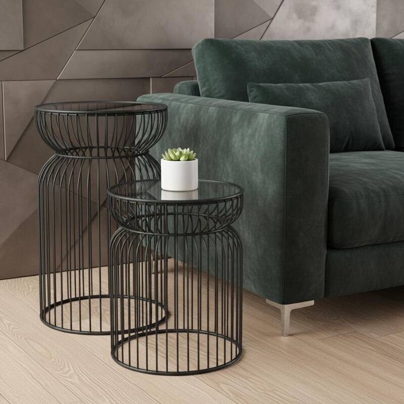 HomeRoots Set of Two Clear and Black Tempered Glass and Metal Wire Round Drum End Tables - 18.90 in. x 20.08 in. x 18.90 in. - Clear - Glass