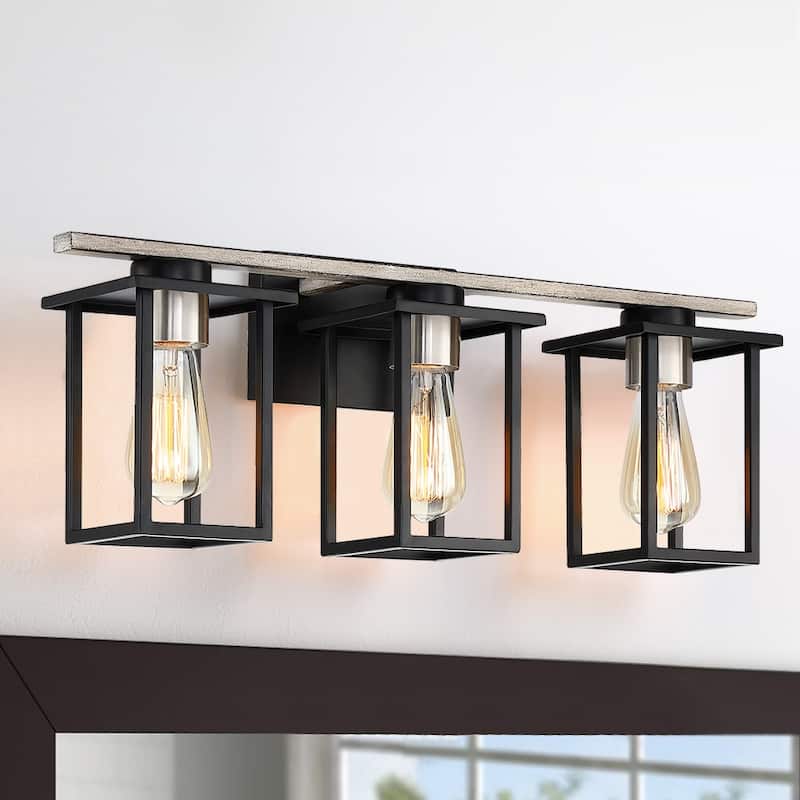 Matt Black/Wood Tone Rustic Farmhouse Bathroom Vanity Light with Open Cage Shades - 24.4"-3 light