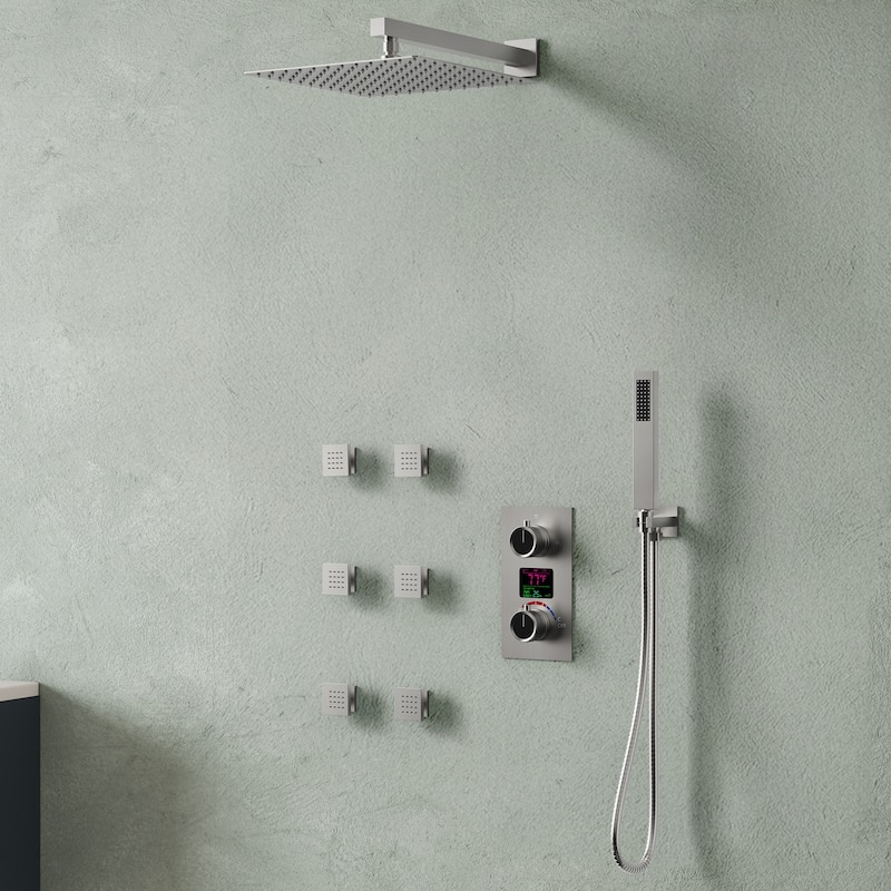 LCD Digital Display Shower System ,12" High-Pressure Rainfall Shower Head with Pressure-Balanced Valve - Brushed Nickel