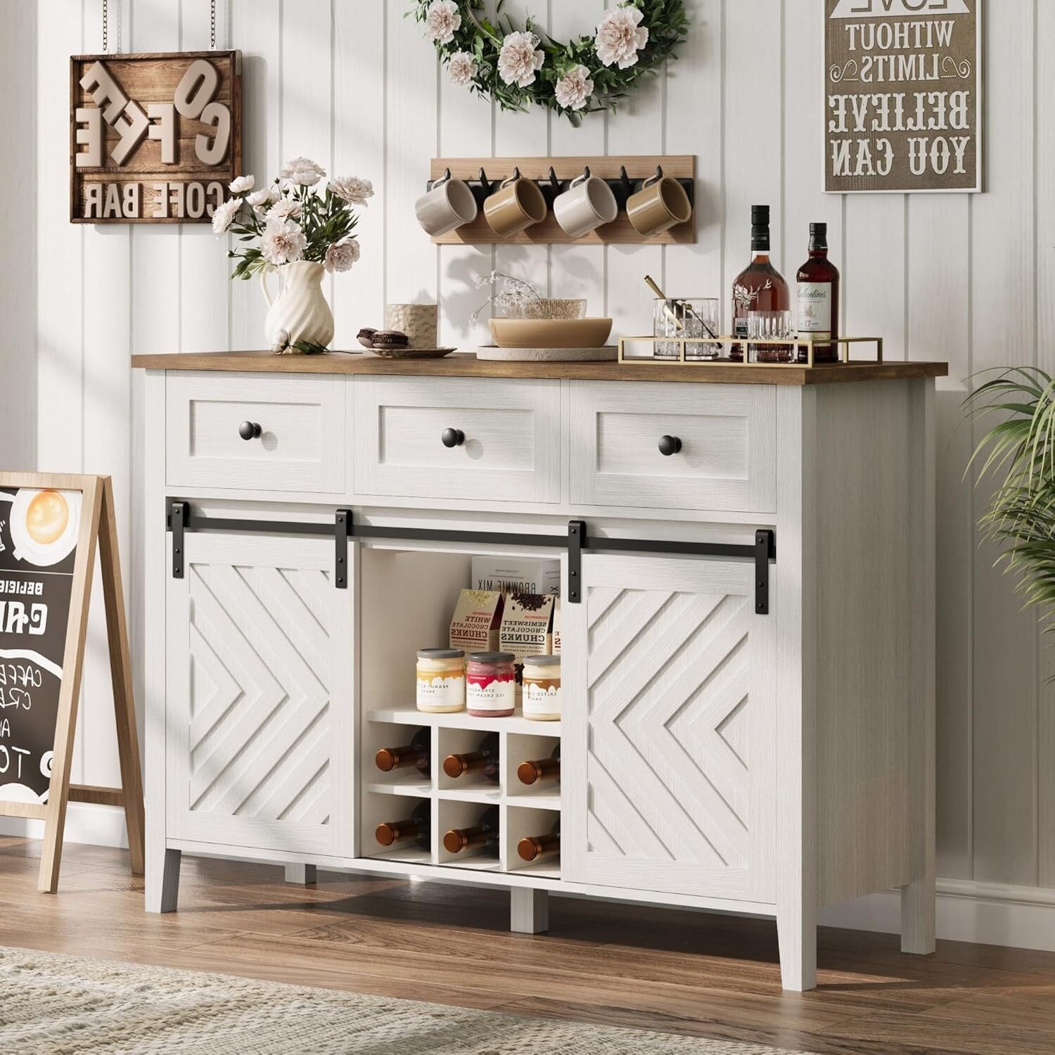 47.2'' Farmhouse Buffet Cabinet with Sliding Barn Door,Wood Sideboard with 3 Drawer, Adjustable Shelf and Removable Wine Rack