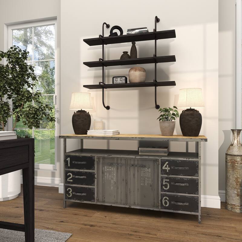 3 Level Wood Wall Shelf with Black Metal Brackets - Brown or Gray