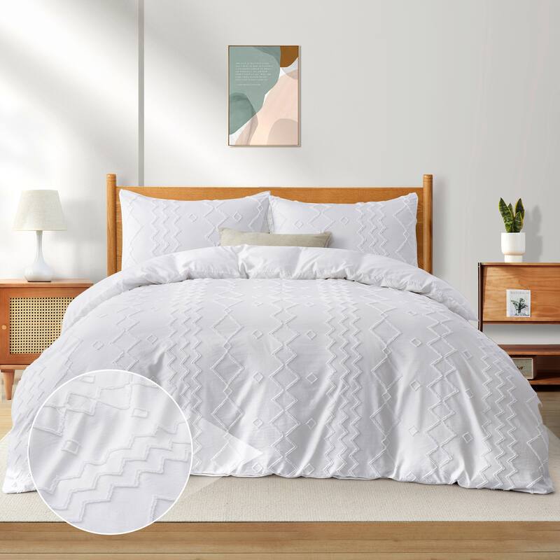 Bohemian Clipped Duvet Cover Set with Zipper Closure - White/Diamond - Twin