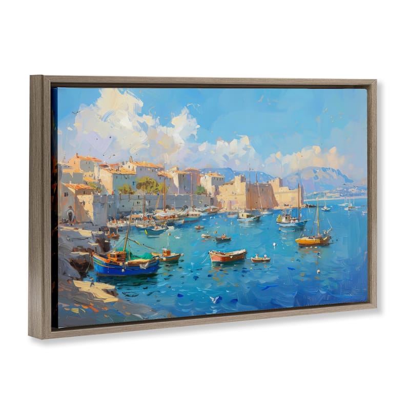 Stupell Nautical Harbor Coastal Town Framed Floater Canvas Wall Art Design By LSR Design Studio