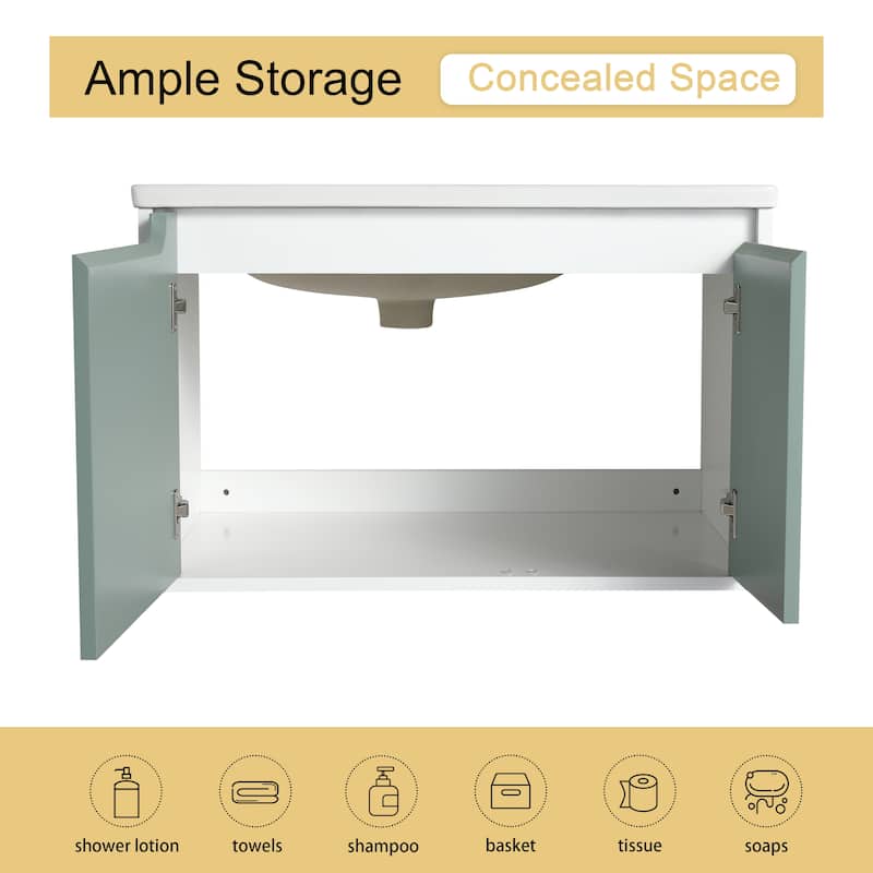 Malwee 32"/36"/40" Floating Bathroom Vanity, Wall Mounted Bathroom Vanity with Ceramic Sink,Soft Close Doors