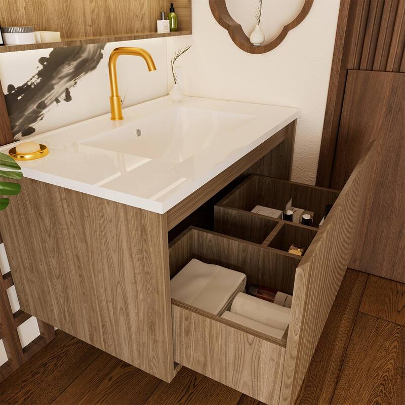 GDFStudio - Ari Modern Aesthetic Freestanding Bathroom Vanity with Ceramic Sink, Soft Close Drawers & Large Storage Spaces