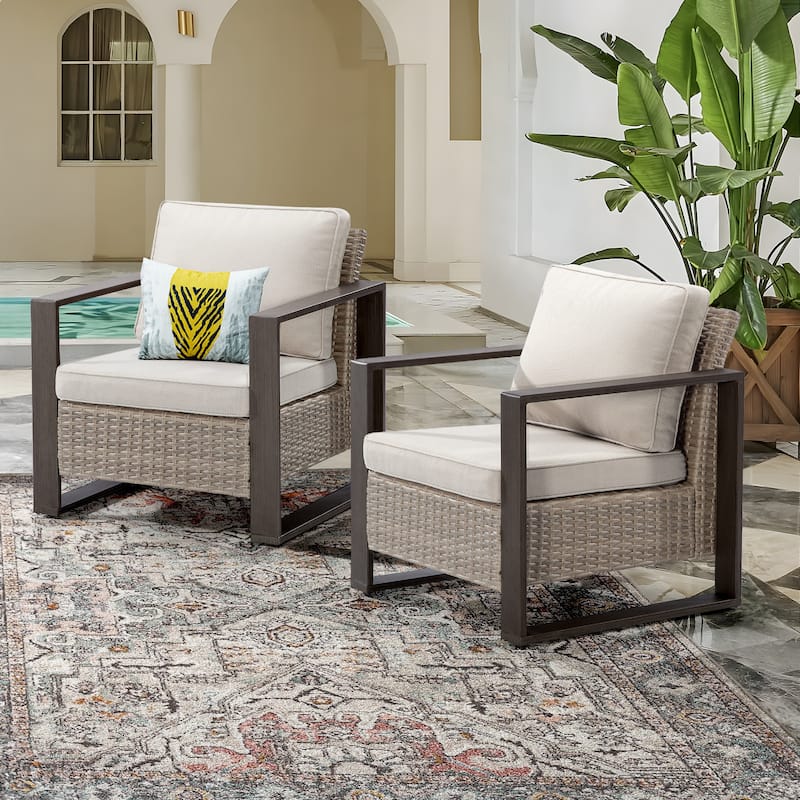 Cozywor 2-Piece Patio Wicker Outdoor Lounge Chair with Metal Frame and Cushions - Beige