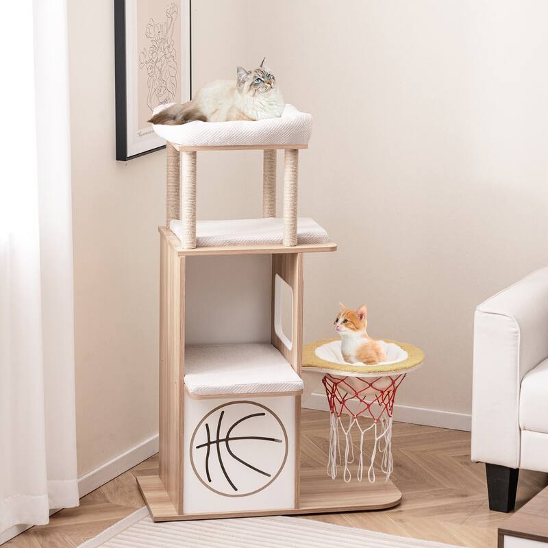 Wooden Cat Tree with 2-Story Condo and Basketball Hoop Hammock - 47 Inches High - 31" L x 15" W x 47" H - Natural