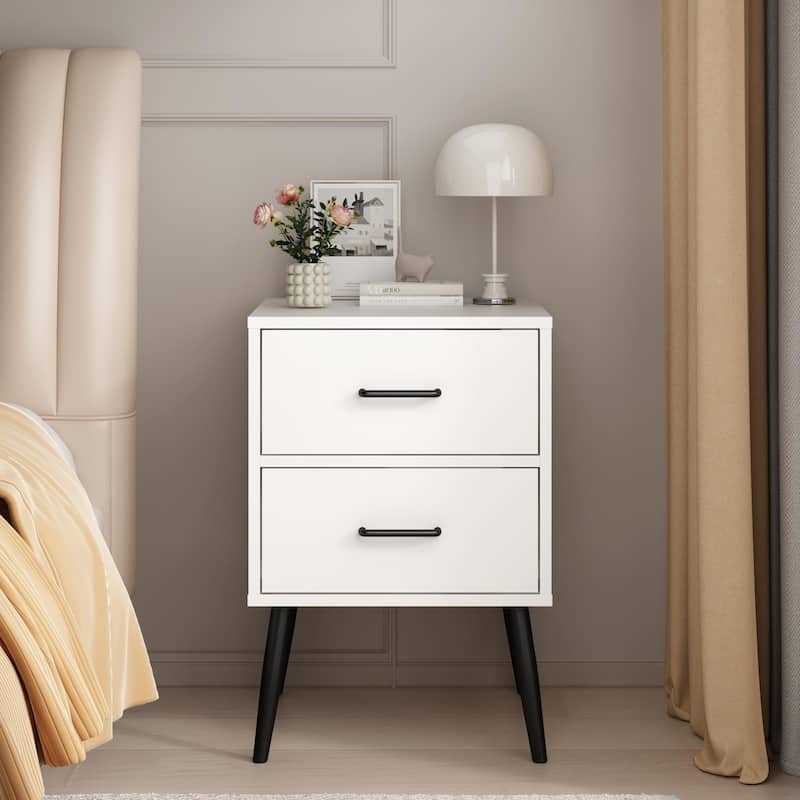 Anmytek 2-Drawer White Nightstand Modern Bedside Table with Metal Legs and Handles