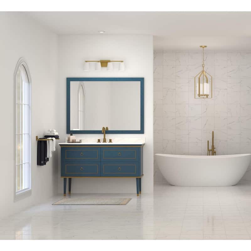 Vertex Collection Four-Light Brushed Gold Etched White Glass Contemporary Bath Light - 29 in x 6.25 in x 7.5 in