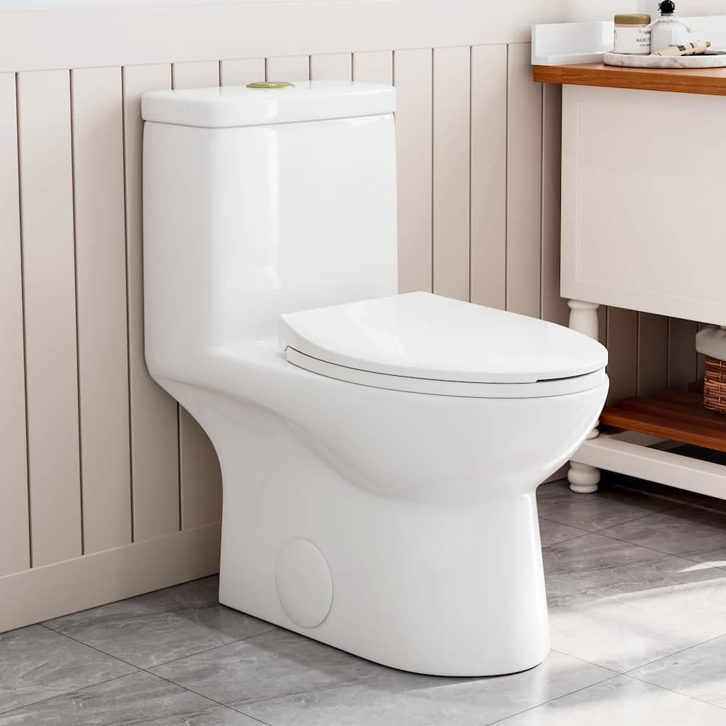 HOROW 1 Piece Dual Flush Elongated Toilet White 0.8 1.28 GPF Seat Included Brushed Gold Button