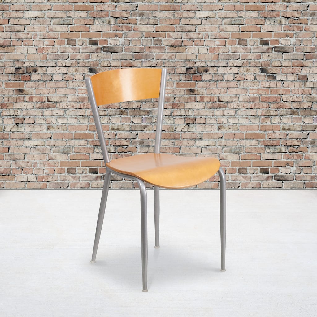 Silver Metal Restaurant Chair - Natural Wood Back & Seat - 16.75"W x 20"D x 32.25"H - 16.75"W x 20"D x 32.25"H