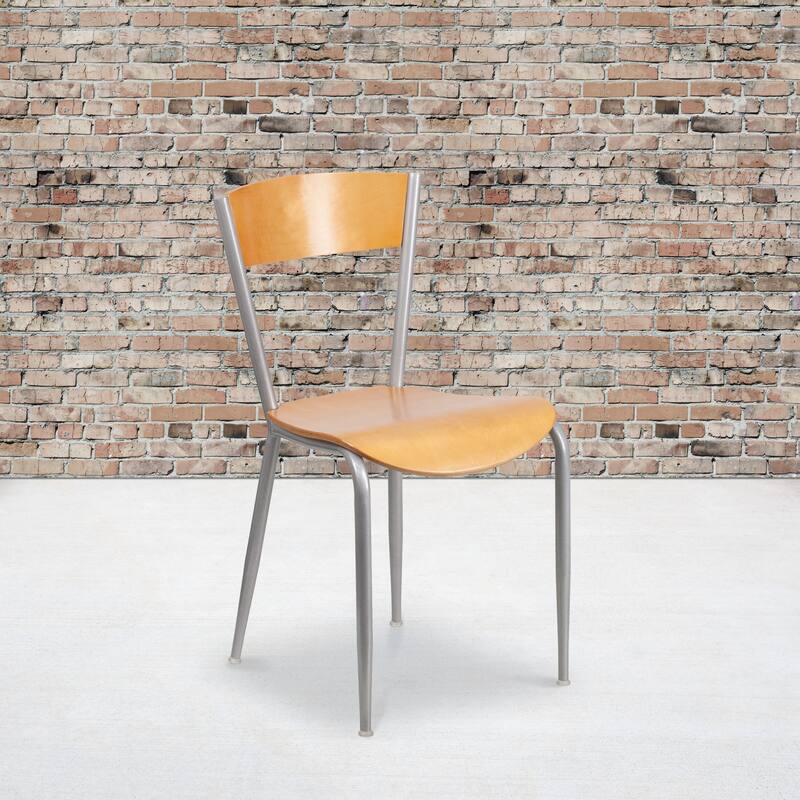 Silver Metal Restaurant Chair - Natural Wood Back & Seat - 16.75"W x 20"D x 32.25"H - 16.75"W x 20"D x 32.25"H