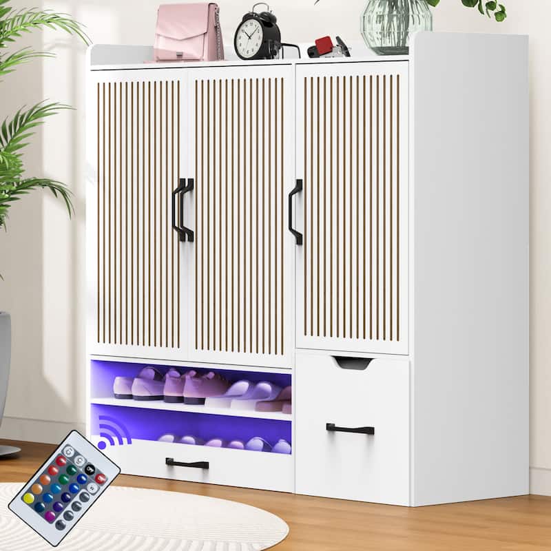Multi-functional Shoe Cabinet with Adjustable Shelves, Stool, Retractable toe-kick drawer, Minimalist Shoe Storage Organizer