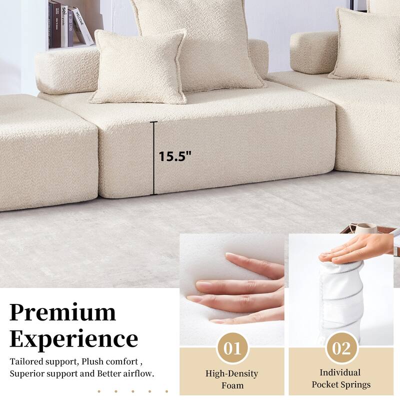 3 PC Oversized Modular Sofa, No Assembly, 5 - 6 Seats, Beige Boucle