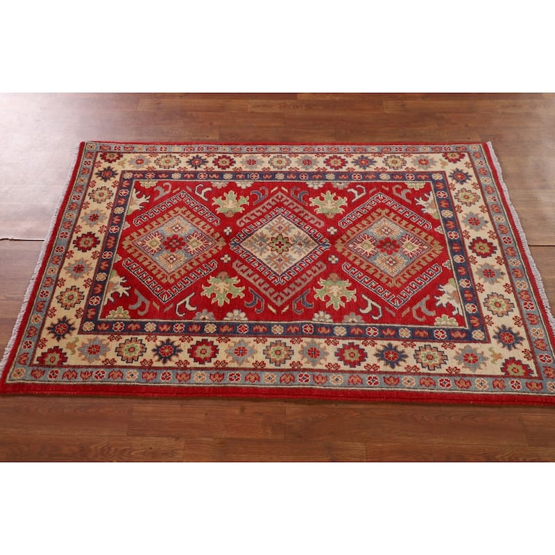 Red Geometric Kazak Foyer Rug Handmade Wool Carpet - 3'4"x 5'0"