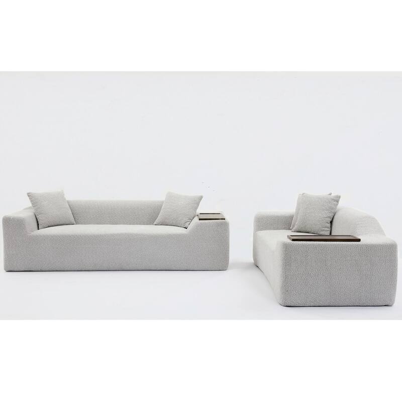 5-Seat Boucle Cloud Sofa Set (3-Seater + 2-Seater) with End Tables & 4 Pillows
