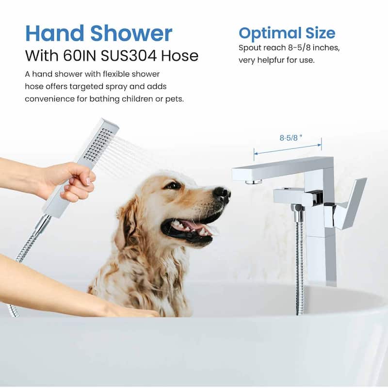 Cube Single Handle Floor Mounted Freestanding Tub Filler With Hand Shower