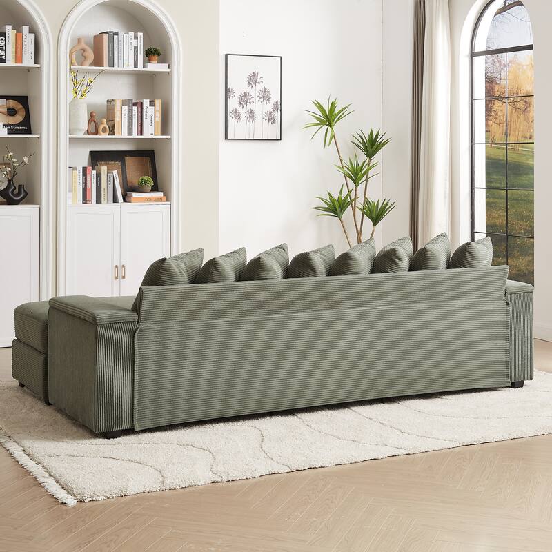 L-shaped Sectional Sofa with Chaise Corduroy Upholstered Couch with Reversible Ottoman, 2 Storage Armrests and 8 Pillows