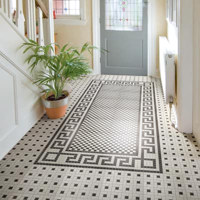 Merola Tile Gotham 1" Greek Key Border Unglazed Black and White 8-3/4" x 11-3/4" Porcelain Floor and Wall Tile
