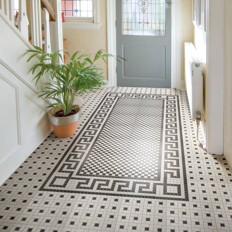 Merola Tile Gotham 1" Greek Key Border Unglazed Black and White 8-3/4" x 11-3/4" Porcelain Mosaic Floor and Wall Tile - Case (10 Tiles) - Black