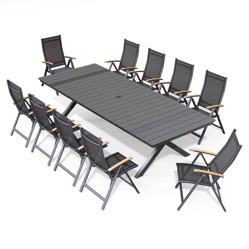 9/11PC Outdoor Patio Dining Set With Aluminum X-Frame Table Umbrella Hole Table Folding Chairs