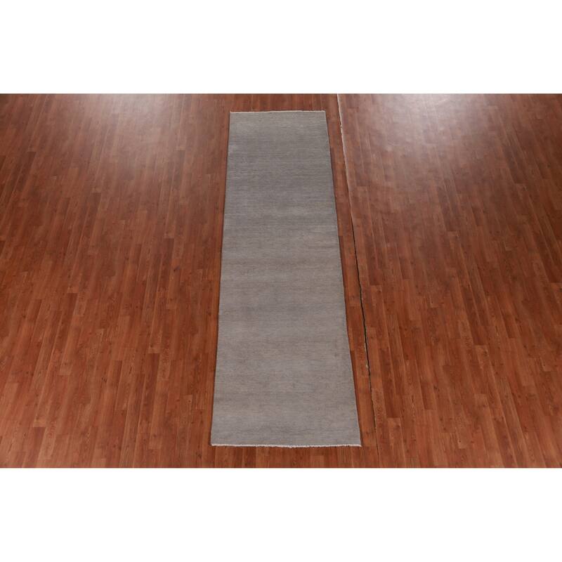 Hand Knotted Oriental 100% Wool Carpet Modern Solid Greys & Charcoal Gabbeh Runner Rug - 10' 4'' X 3' 0''