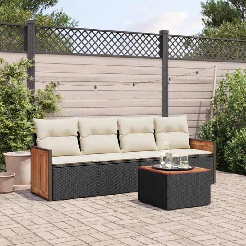 vidaXL Patio Sofa Set with Cushions Outdoor Conversation Furniture Poly Rattan - Black and Cream-With table - 21.7 x 21.7 x 14.6