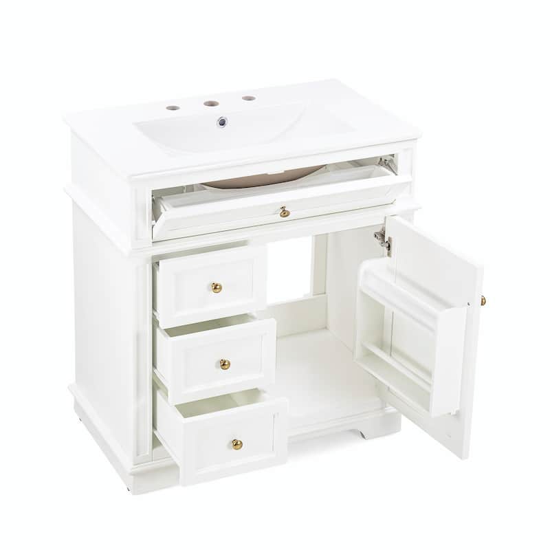 30" Bathroom Vanity with Sink, Tip-Out Drawer, Three Drawers, Door Shelf