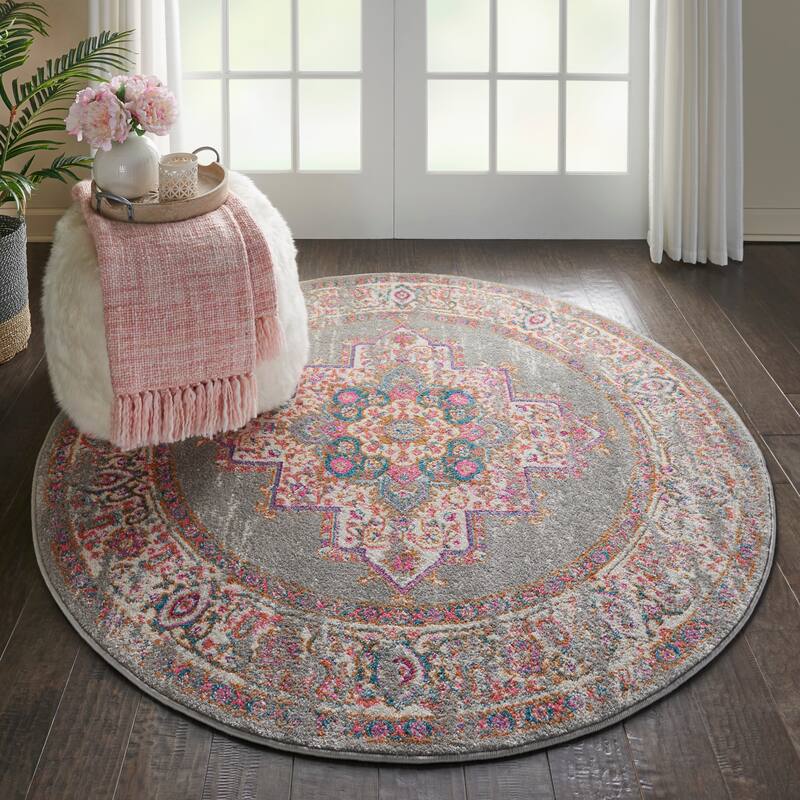 Porch & Den Dobbin Vintage Persian Medallion Farmhouse Area Rug - 5'3" Round - Grey/Pink