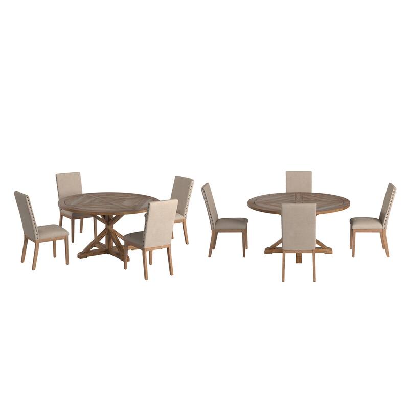 Krakova Rustic X-Base Round Pine Wood Dining Set - 5-Piece Set - Beige