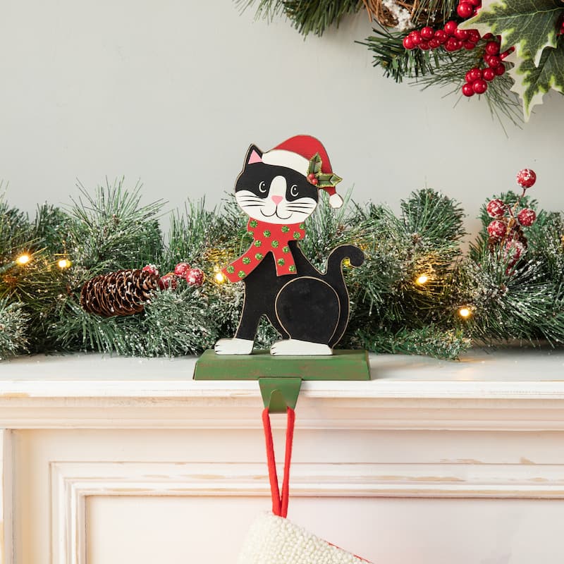 Glitzhome 7.75" H Christmas Wooden/Metal Animal Stocking Holder, Dog, Cat for Mantel Ornament - 7.50"h