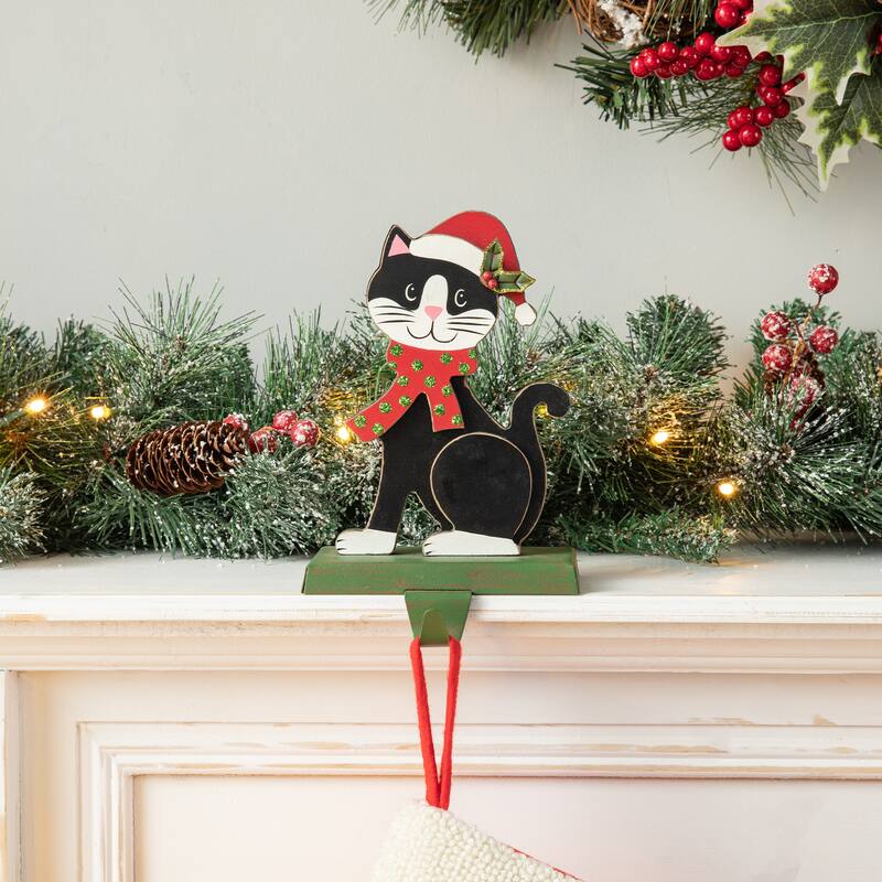 Glitzhome Wooden/Metal Cat & Dog Christmas Stocking Holders Mantel Ornament - Cat
