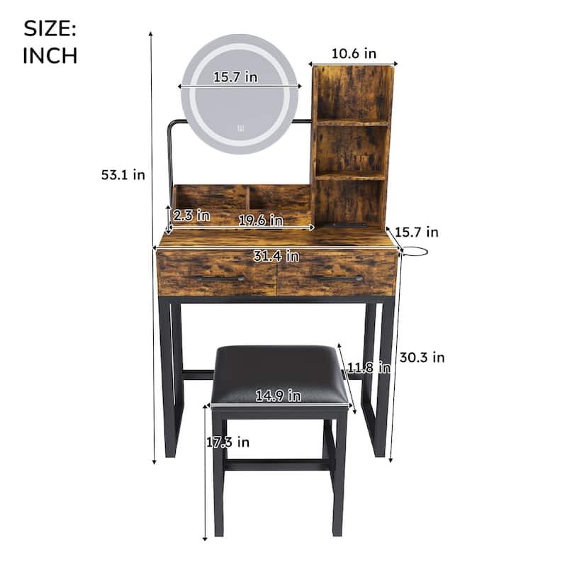 KISRAIS 31.4" Fashion Vanity Desk with Mirror and Lights, Cushioned Stool, Power Station, and Hair dryer bracket