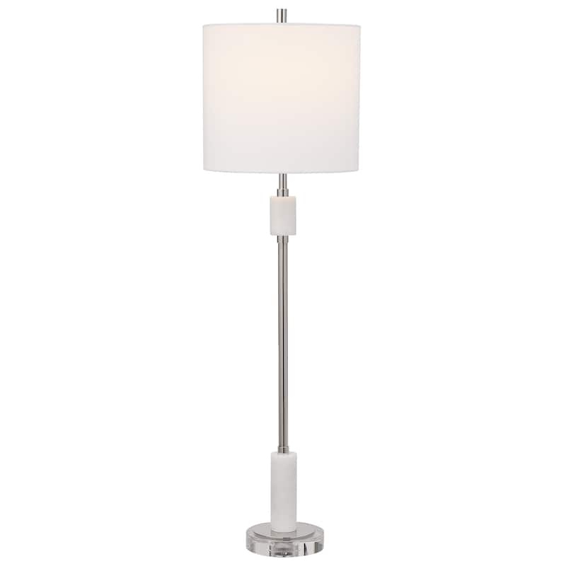 Transitional Sleek Buffet Lamp with Round Drum Shade - 35" - Silver and White