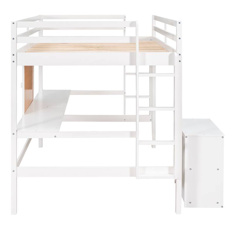 Twin/Full Size Wooden Loft Bed with Built-in Desk, Writing Board, and 2 Drawers, Space-Saving Loft Bed for Kids