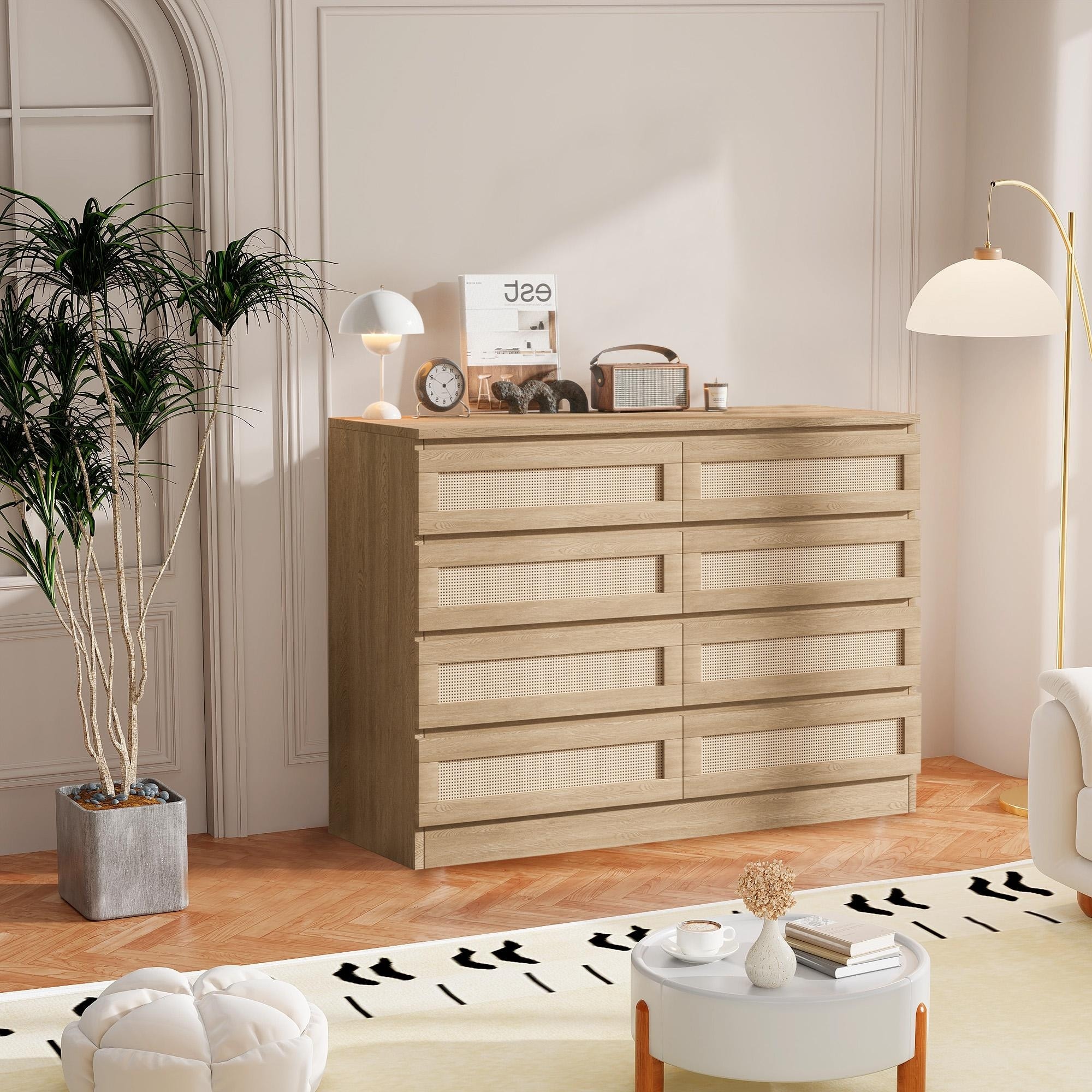 Rattan 8 Drawer Dresser, 47 in Modern Natural Chest of Drawer, Large Wooden Bedroom Dresser with Drawers