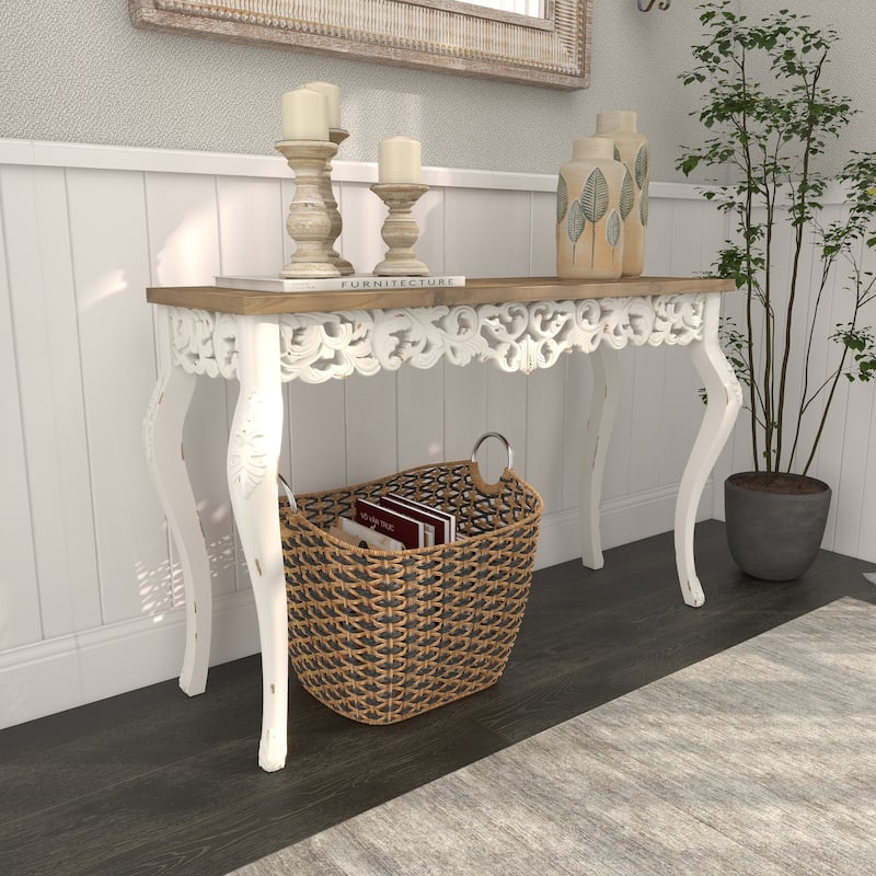 Wood Scroll Intricately Carved Console Table with Brown Wood Top - White - Roche River Decor