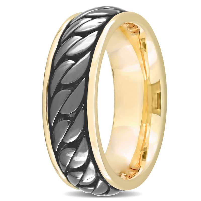 Miadora Ribbed Design Mens Ring in Yellow Silver with Black Rhodium Plating
