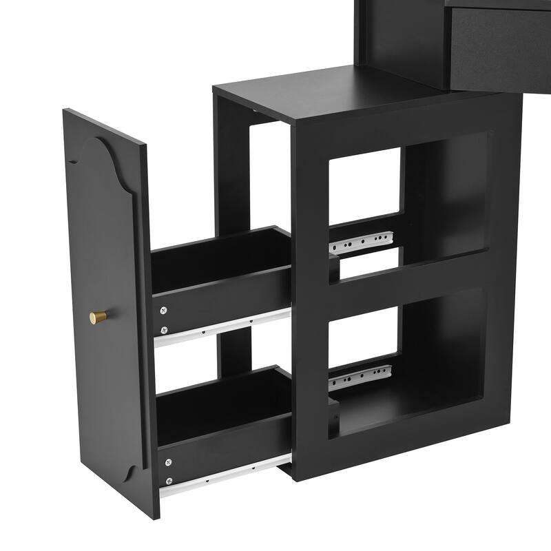 Corner Makeup Vanity Set with Stool & Charging Station, Glass Tabletop Triangle Vanity Dressing Table with Pull-Out Side Cabinet